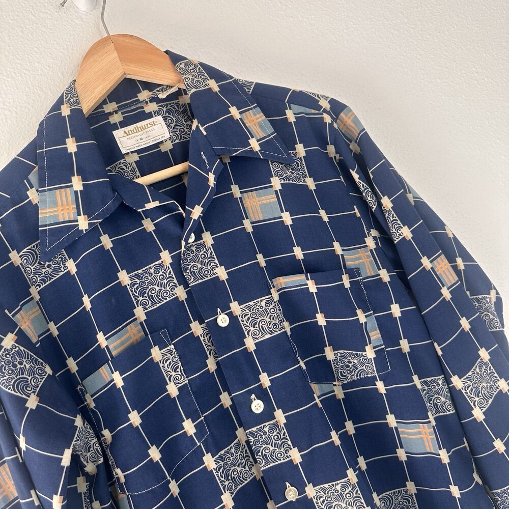 Vtg 70’s Andhurst Button Down Shirt Sz M Blue Geometric Long Sleeve Disco